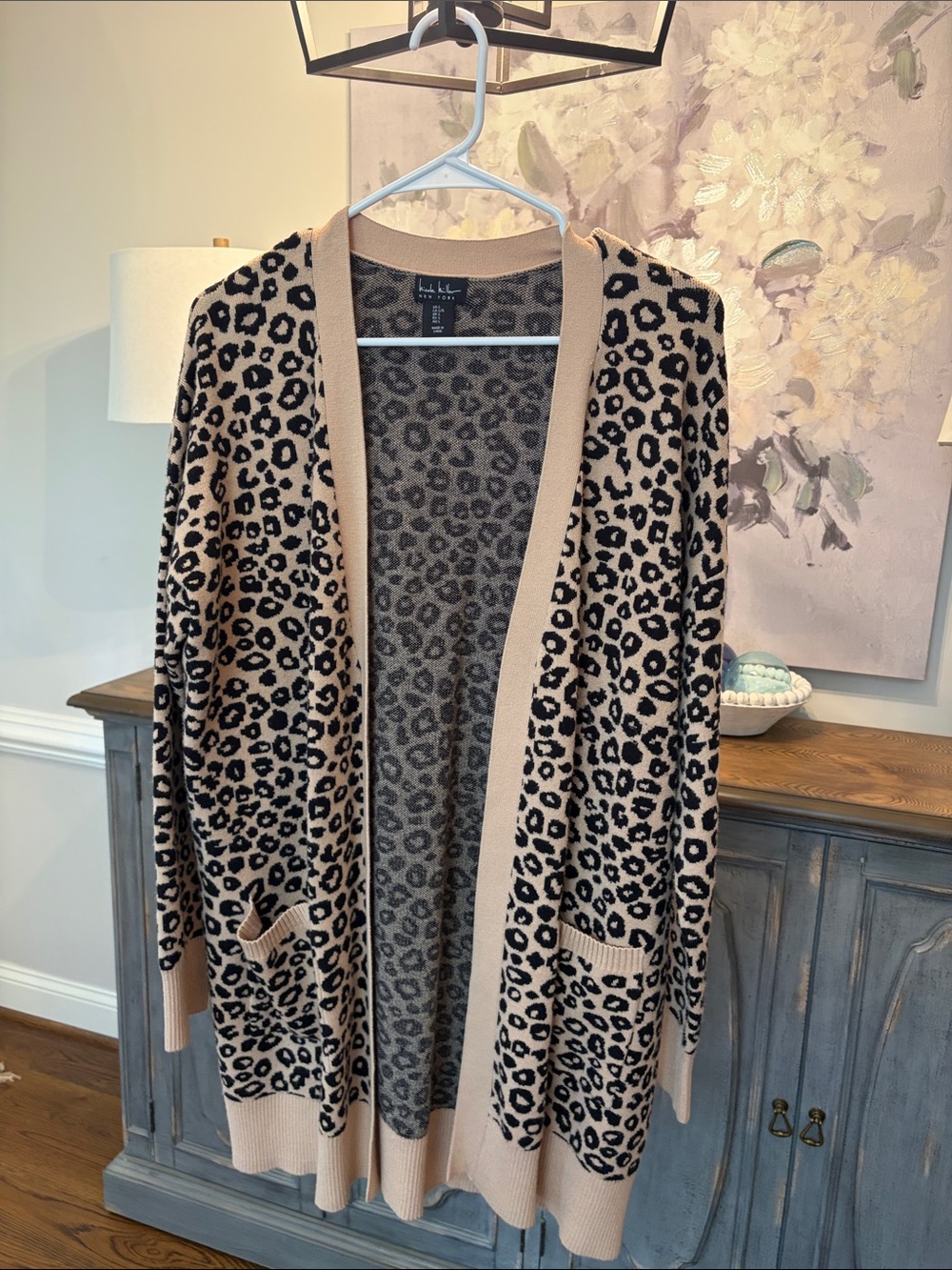 Nicole Miller Beige and Black Leopard Open-Front Cardigan